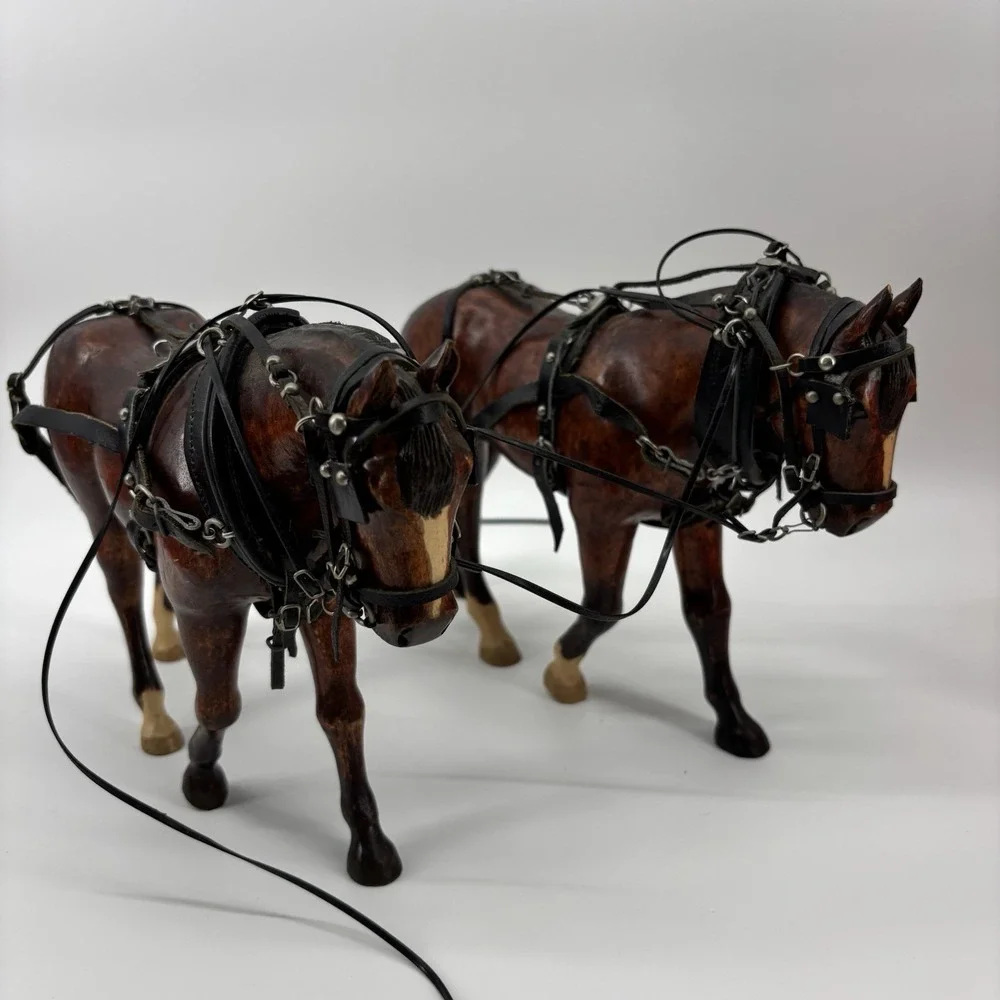 Rare Vintage Wooden Horses  With Tooled‎ Leather Bridle Reins Draft Team